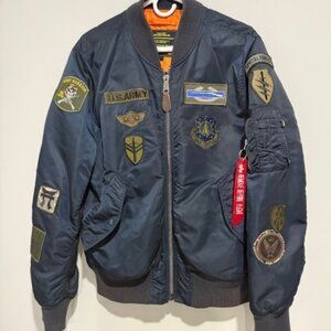 Mens Custom Alpha Industries Flight Nylon Bomber Jacket Blue Size Large